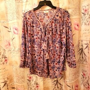 Style & Co mauve pink navy blue brown flowers lace up in front
